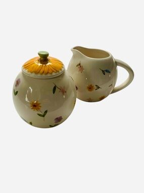 VTG Creamer Sugar Set Showers of Sunflowers Stoneware Hand-Painted Floral
